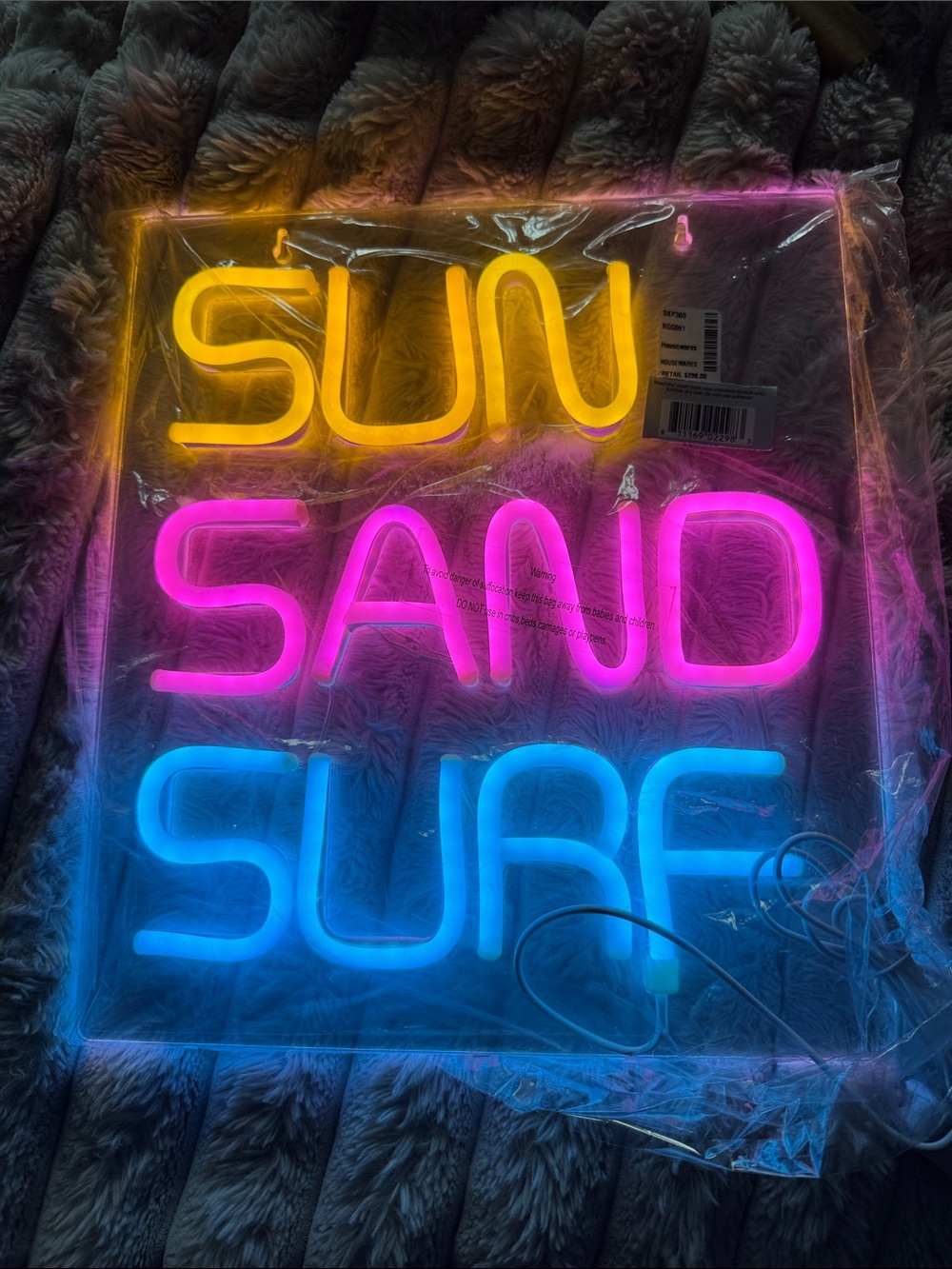 New in packaging SUN SAND SURF Neon Wall Sign - Yellow Pink Blue